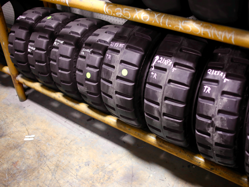 Row of forklift tires
